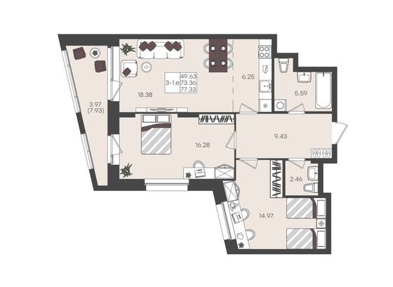 Продажа 3-комнатной квартиры 77,3 м², 10/22 этаж