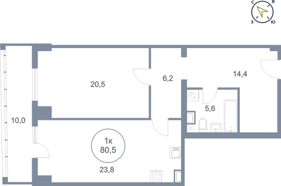 80,5 м², 1-комн. квартира, 5/25 этаж