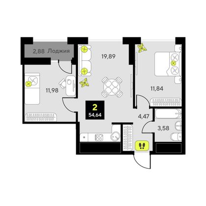 54,6 м², 2-комн. квартира, 2/10 этаж