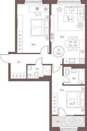 Продажа 2-комнатной квартиры 74,3 м², 3/18 этаж