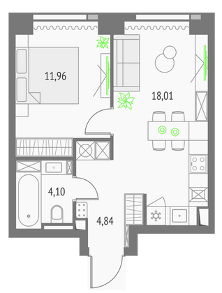 38,9 м², 1-комн. квартира, 7/57 этаж