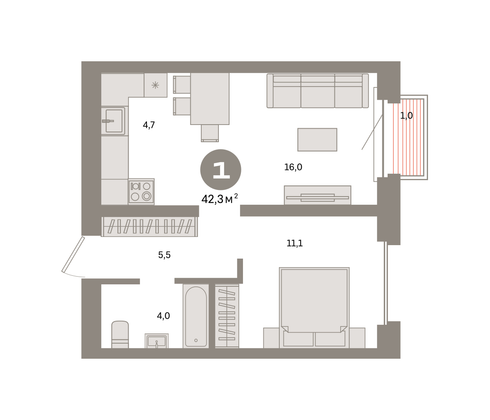 Продажа 1-комнатной квартиры 42,3 м², 14/24 этаж