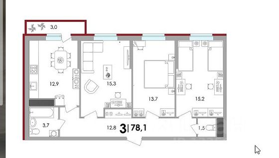 Продажа 3-комнатной квартиры 78,4 м², 1/9 этаж