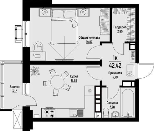 42,4 м², 1-комн. квартира, 6/12 этаж