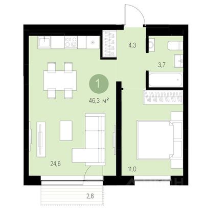 Продажа 1-комнатной квартиры 43,5 м², 6/9 этаж