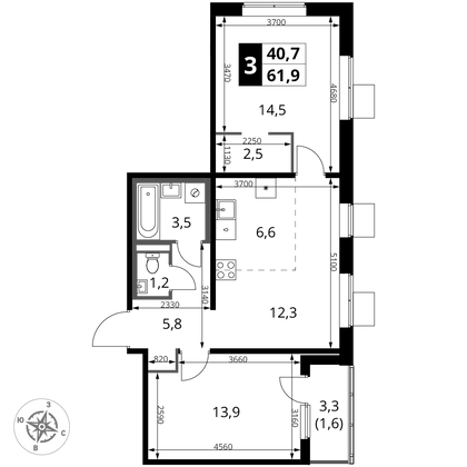 61,9 м², 3-комн. квартира, 5/18 этаж