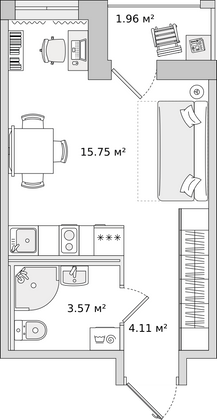 25,5 м², студия, 19/23 этаж