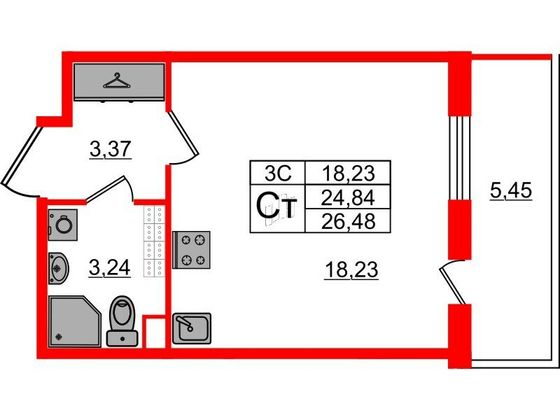 Продажа квартиры-студии 24,8 м², 5/5 этаж