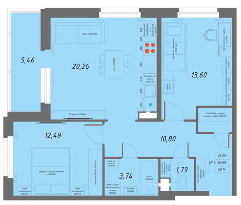 65,4 м², 2-комн. квартира, 1/8 этаж