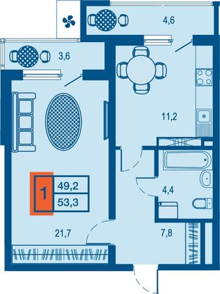 49,2 м², 1-комн. квартира, 14/23 этаж