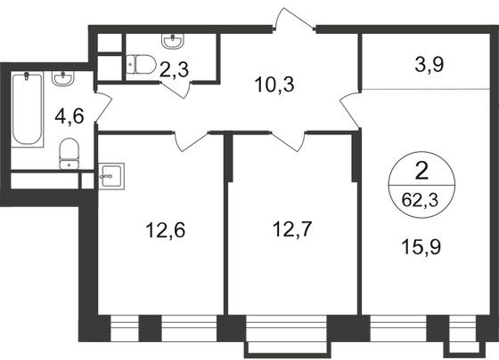62,3 м², 2-комн. квартира, 3/20 этаж