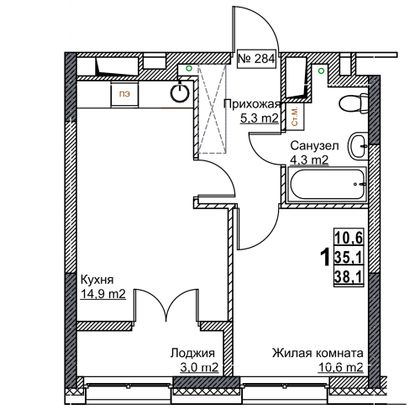 Продажа 1-комнатной квартиры 38,1 м², 19/24 этаж