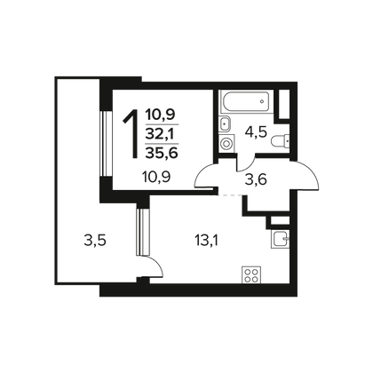 35,6 м², 1-комн. квартира, 1/9 этаж