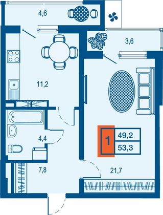 49,2 м², 1-комн. квартира, 14/23 этаж