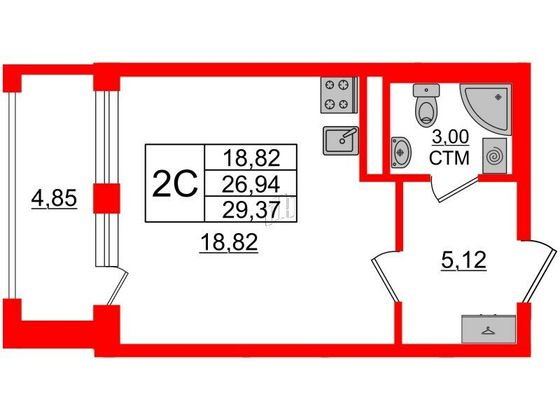 Продажа квартиры-студии 26,9 м², 1/4 этаж