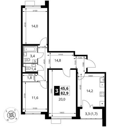 82,9 м², 3-комн. квартира, 3/22 этаж