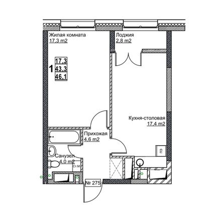 Продажа 1-комнатной квартиры 46,1 м², 17/24 этаж