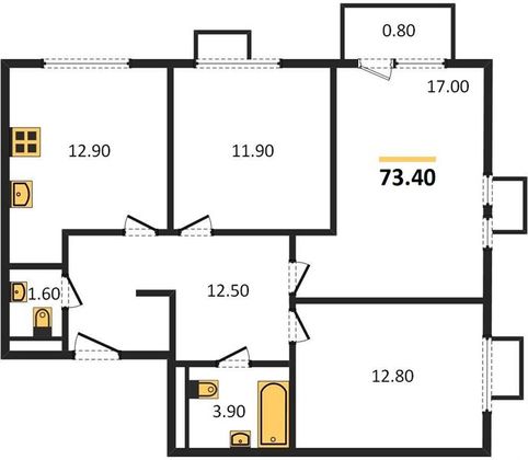 Продажа 3-комнатной квартиры 73,4 м², 24/24 этаж