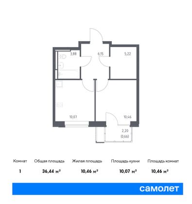 36,4 м², 1-комн. квартира, 4/12 этаж