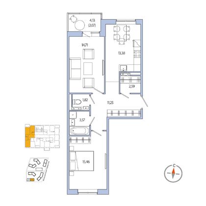 62,8 м², 2-комн. квартира, 6/8 этаж