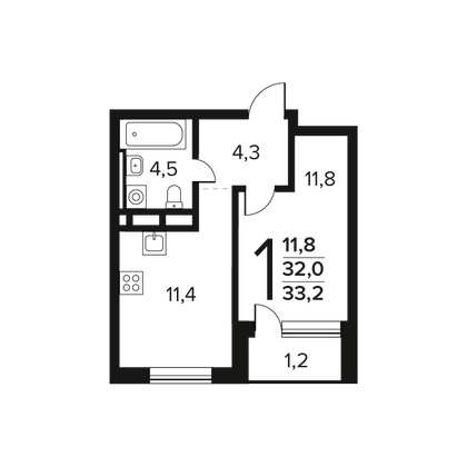 Продажа 1-комнатной квартиры 33,2 м², 4/11 этаж