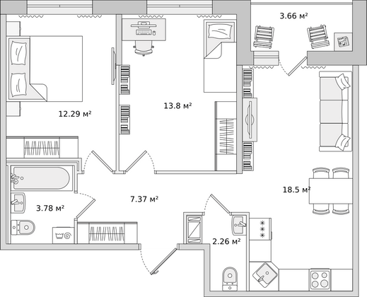 61,7 м², 2-комн. квартира, 13/17 этаж