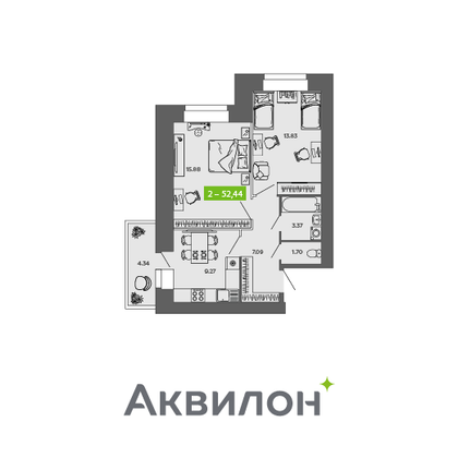 52,4 м², 2-комн. квартира, 3/9 этаж