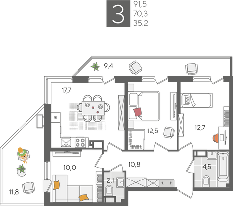 Продажа 3-комнатной квартиры 91,5 м², 24/24 этаж