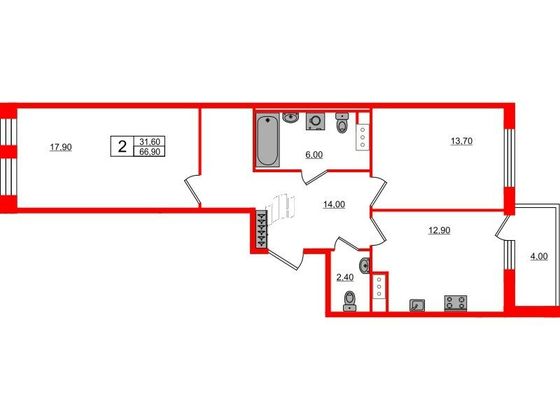 Продажа 2-комнатной квартиры 66,9 м², 4/10 этаж