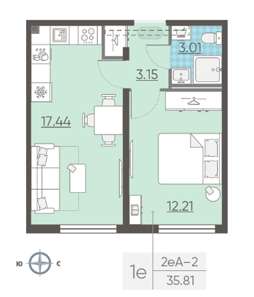 Продажа 1-комнатной квартиры 35,8 м², 4/25 этаж