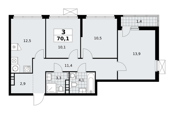 70,1 м², 3-комн. квартира, 6/12 этаж