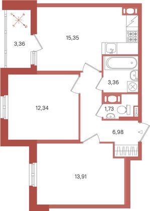 Продажа 2-комнатной квартиры 55,5 м², 4/12 этаж