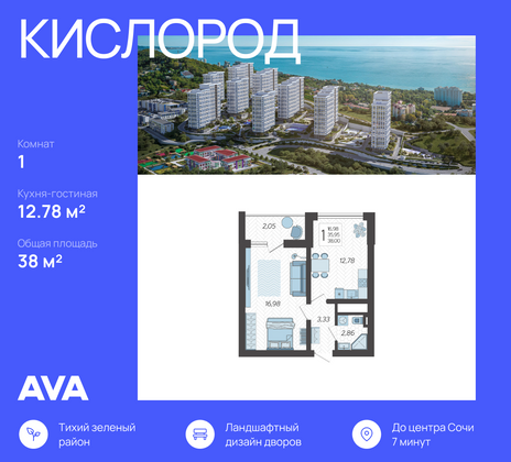 38 м², 1-комн. квартира, 16/19 этаж