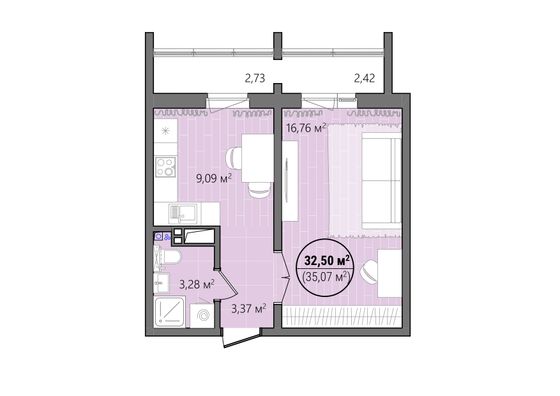 Продажа 1-комнатной квартиры 37,8 м², 9/14 этаж