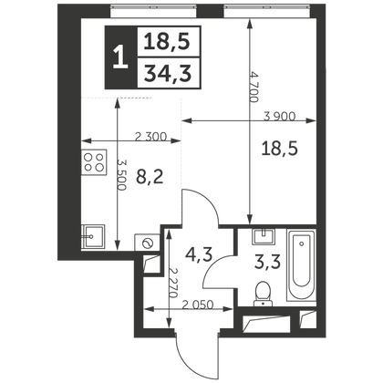 34,3 м², 1-комн. квартира, 30/47 этаж