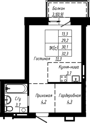 Продажа 1-комнатной квартиры 30,1 м², 3/16 этаж