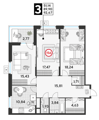 Продажа 3-комнатной квартиры 92,7 м², 14/25 этаж