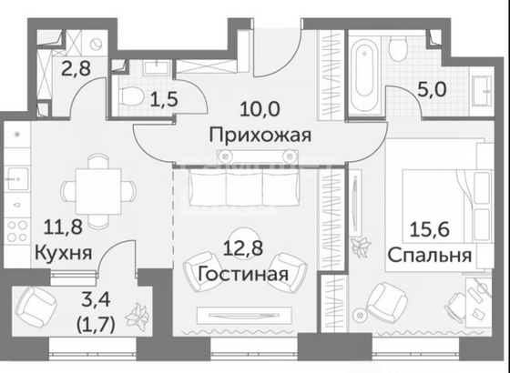 Продажа 2-комнатной квартиры 61,2 м², 29/48 этаж