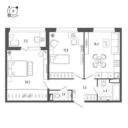 68,8 м², 2-комн. квартира, 2/10 этаж