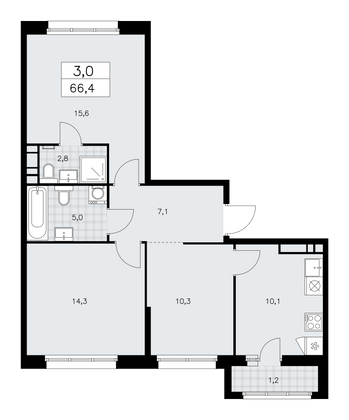 66,4 м², 3-комн. квартира, 12/12 этаж