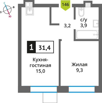 Продажа 1-комнатной квартиры 31,4 м², 5/9 этаж