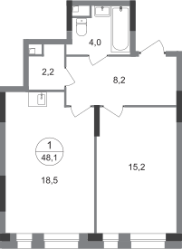 48,1 м², 1-комн. квартира, 1/19 этаж