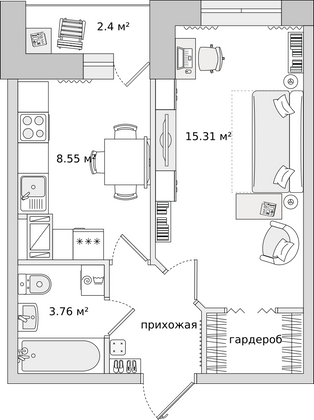 33,5 м², 1-комн. квартира, 19/24 этаж