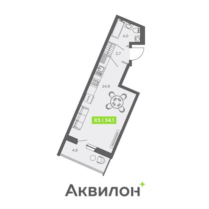 34,1 м², студия, 7/13 этаж