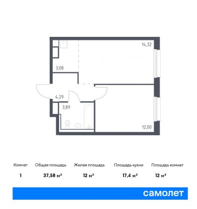 37,6 м², 2-комн. квартира, 8/12 этаж