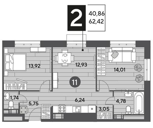 Продажа 2-комнатной квартиры 62,4 м², 4/9 этаж