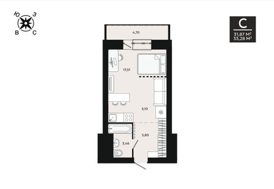 33,3 м², 1-комн. квартира, 2/8 этаж