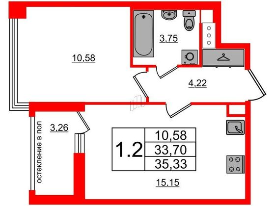 Продажа 1-комнатной квартиры 33,7 м², 8/12 этаж