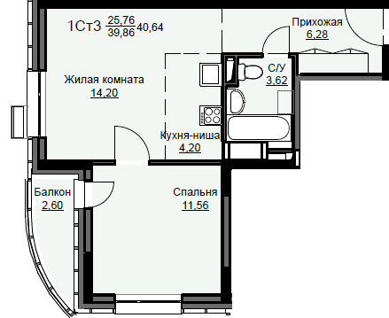 Продажа 1-комнатной квартиры 40,6 м², 9/17 этаж