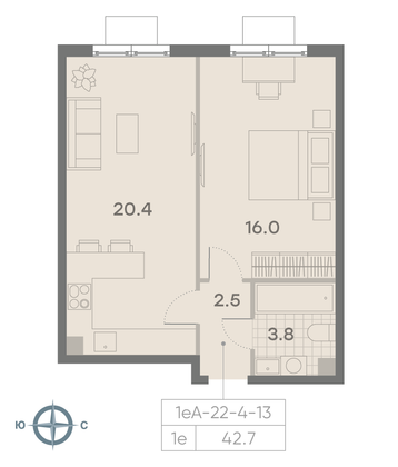 Продажа 1-комнатной квартиры 42,7 м², 11/23 этаж